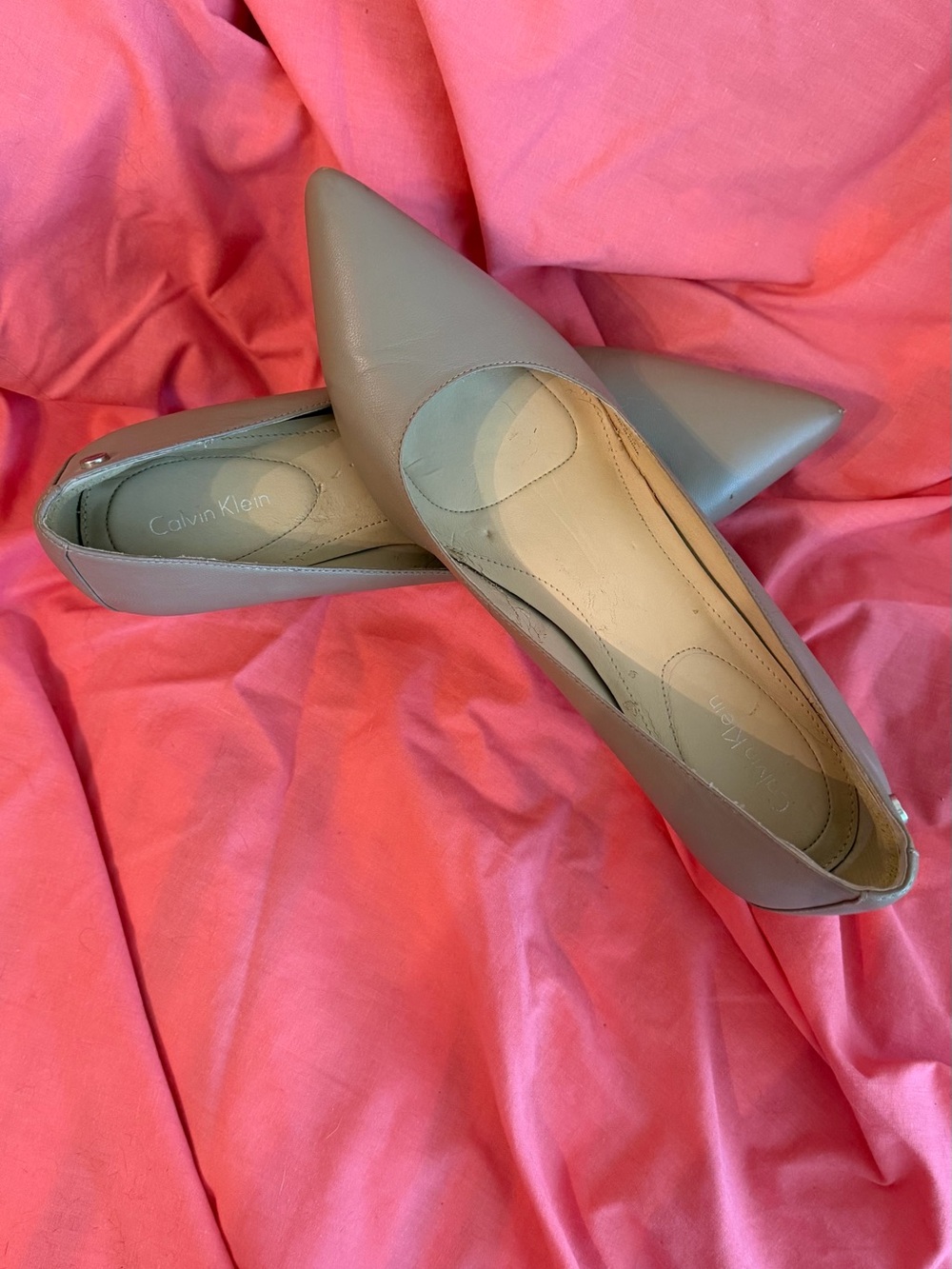Calvin Klein Taupe Pointed Toe with wooden Heals- Leather Slip-Ons